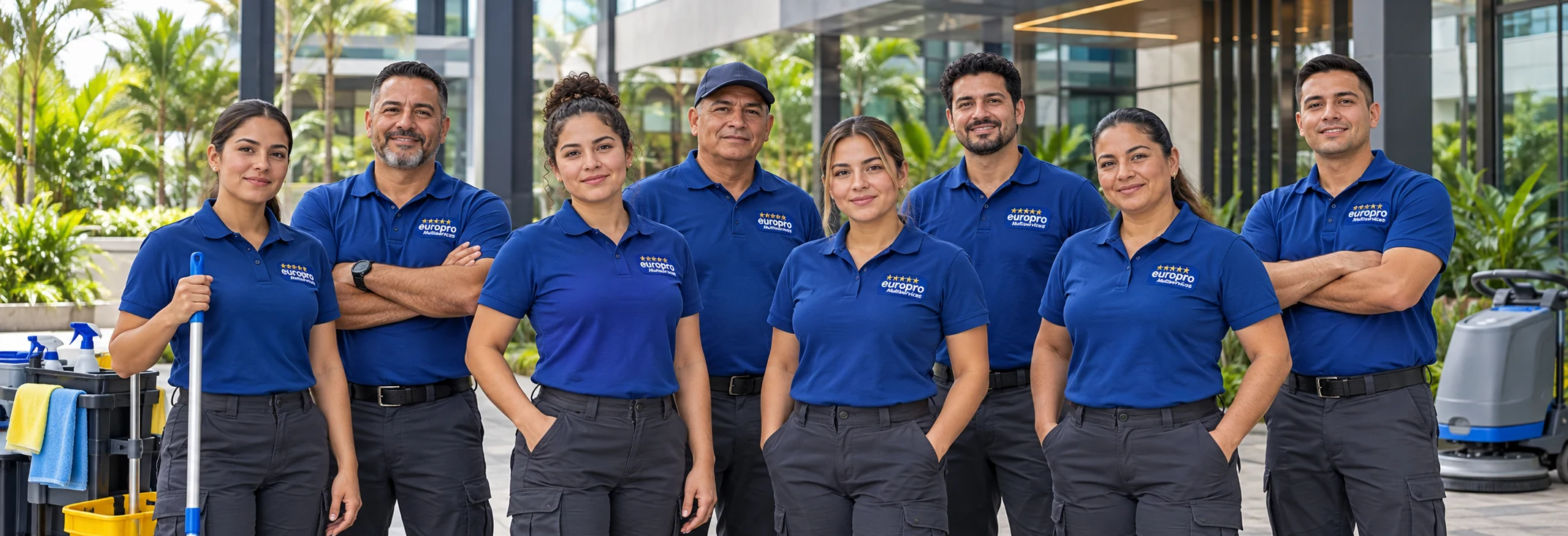Equipo conceptual generado con IA con camisas azules y logo Europro; no es una fotografía del personal real